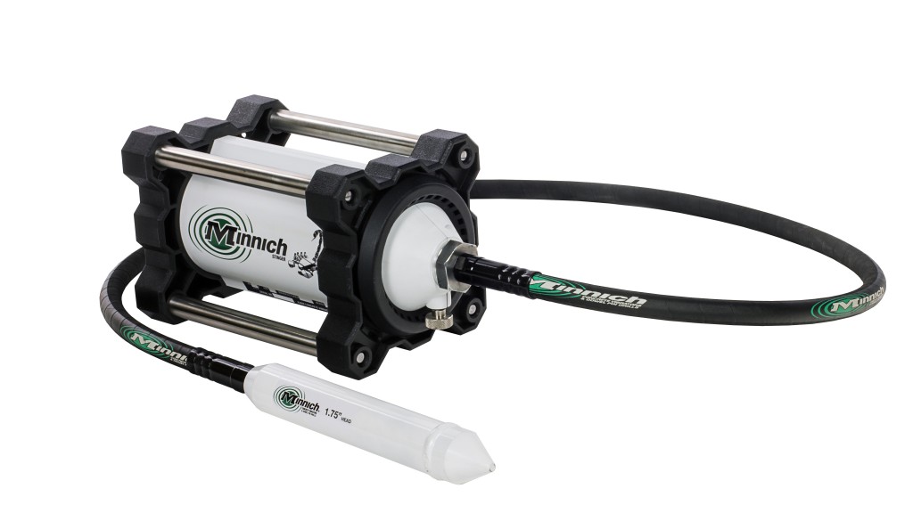 The Minnich Stinger electric flex shaft concrete vibrator is a 14.5-pound double-insulated universal motor that can drive the full line of Minnich vibrator shafts and heads from ¾ inch to 21/2 inches.