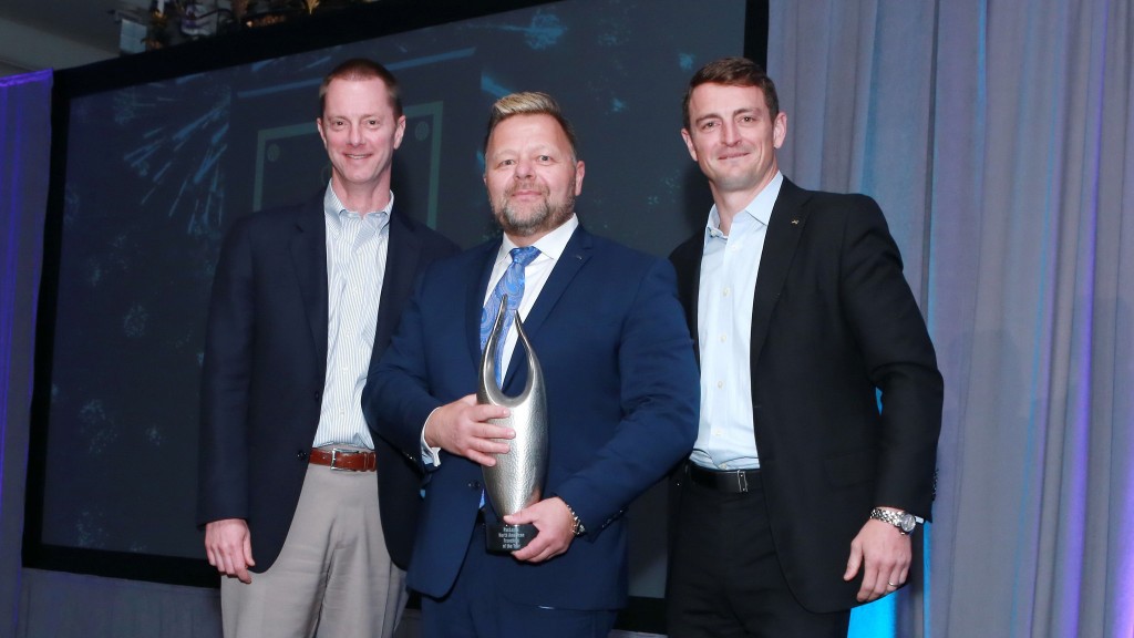 From left are: Ken Roemer, PACCAR Leasing president; Jim Callaway, PacLease Edmonton Kenworth general manager; and Jake Civitts, PACCAR Leasing director of franchise operations.