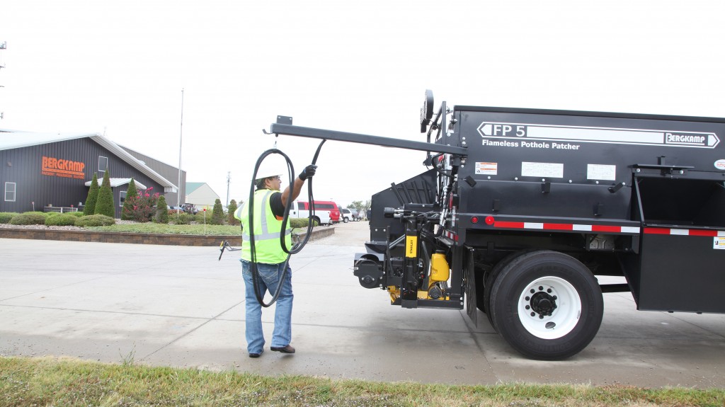 Bergkamp Pivot Tack System for FP5 Flameless Pothole Patcher eliminates tripping hazards and keeps tack off of equipment