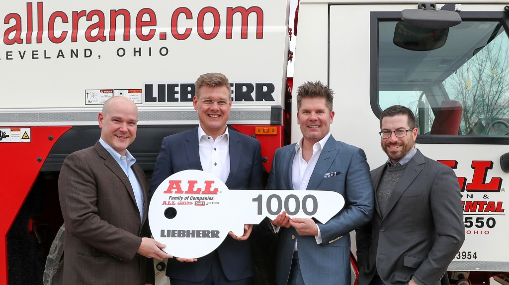 Members of the Liebherr and All Crane team recently celebrated the handover of the 1,000th LTM 1200-5.1. From left are Brian Peretin, Liebherr’s general manager of sales for mobile and crawler cranes; Reinhold Breitenmoser, regional sales manager for Liebherr Werk, Ehingen, Germany; Michael Liptak, CEO and president of ALL Crane; Lawrence Liptak, corporate controller, ALL Crane.