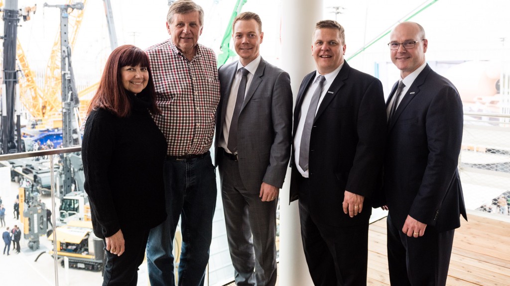 Wisconsin-based Ideal Crane marked the handover of three mobile cranes at Bauma 2019. On hand for the occasion, from left to right, were Lori Kalhagen, and Bob Kalhagen, owners of Ideal Crane; and from Liebherr, Daniel Pitzer, Erik Peterson and Brian Peretin.