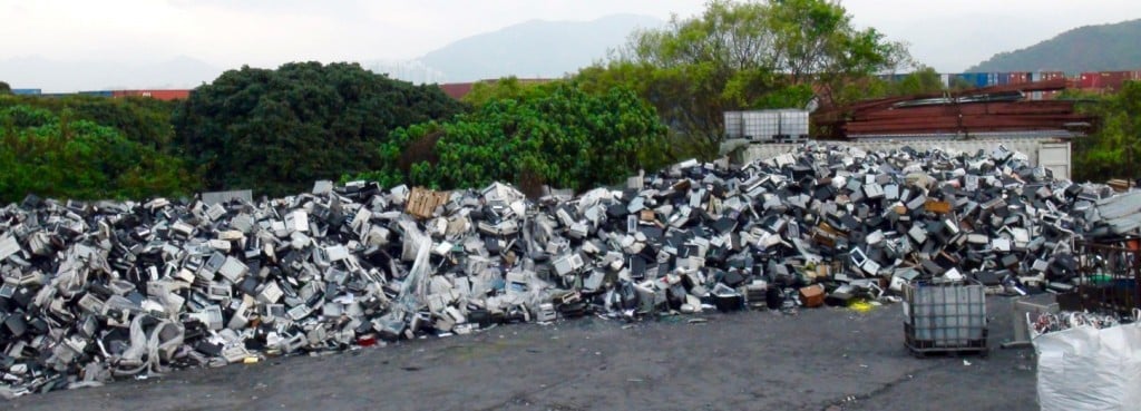 American e-waste exported by so-called "electronics recyclers" dumped in hidden Hong Kong e-waste junkyard discovered by BAN GPS trackers. This trade is criminal traffic and will be illegal under the Ban Amendment which has been ratified by China. Copyright BAN, March 2016.