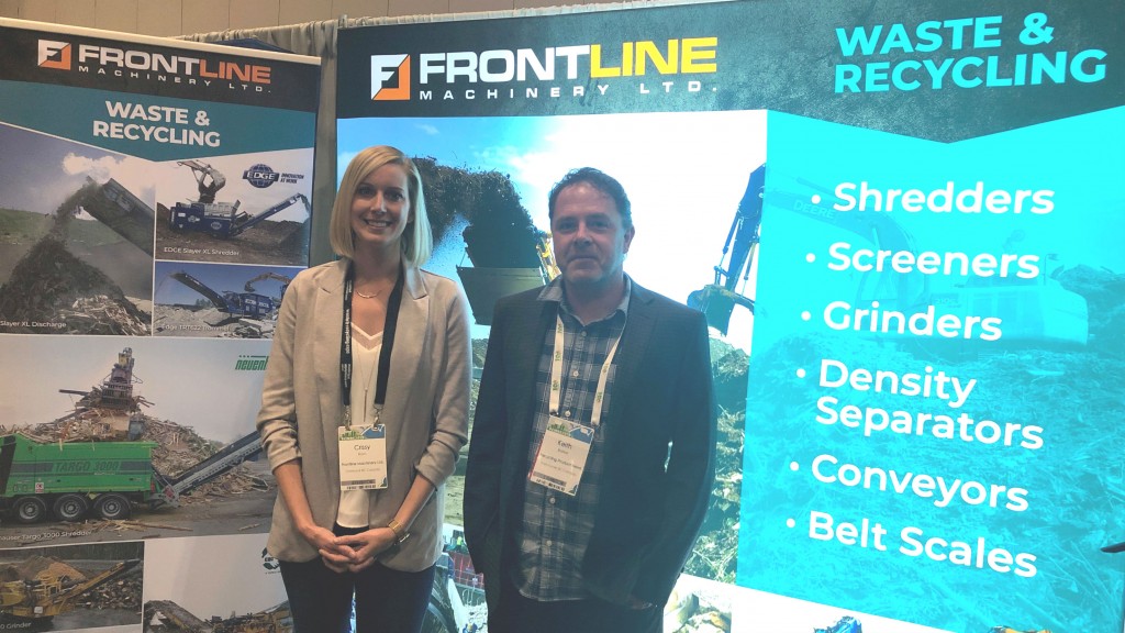 On the show floor at WREC 2019: Crissy Ram, senior director, marketing & business development, Frontline Machinery Ltd. and RPN editor Keith Barker