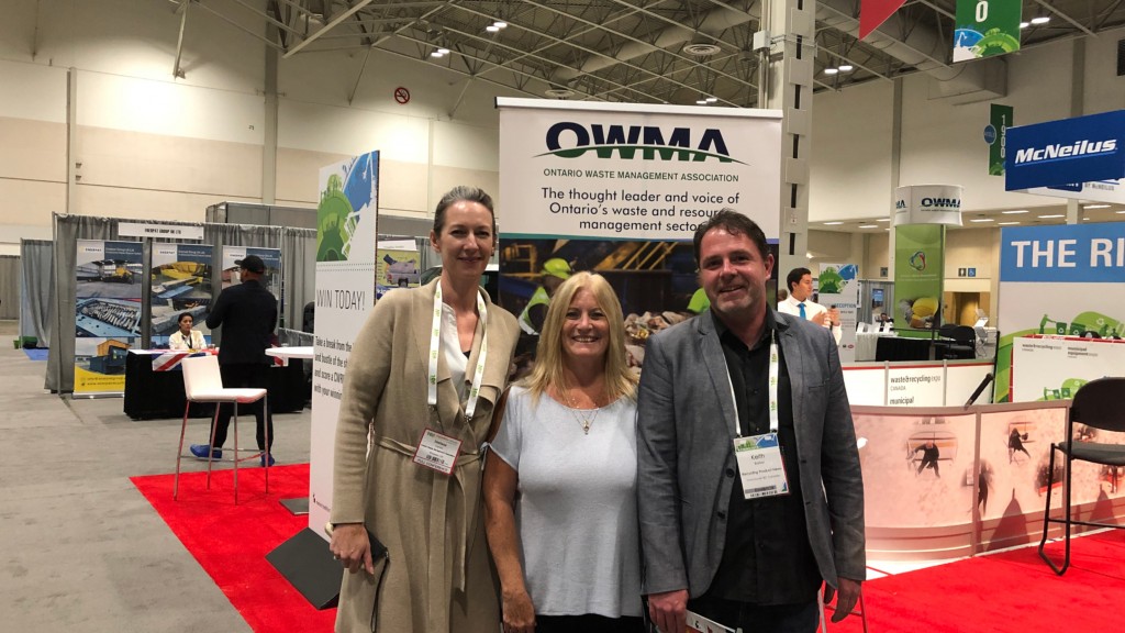 On the show floor at CWRE 2019 in Toronto, October 10th, with Michele Goulding (centre) and Melissa Carlaw from the Ontario Waste Management Association.