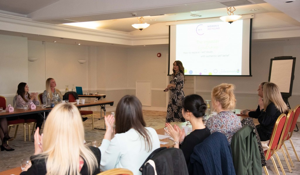 Jules Wyman speaking at the Imposter Syndrome workshop with delegates at a recent Women’s Recycling Alliance (WRA) event at the Forest of Arden Marriott Hotel & Country Club in Birmingham, England.