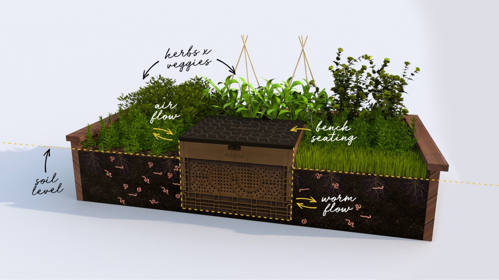 The subpod is a sub-surface, high-density, modular composting system that treats food waste and other organic matter, and builds healthy soil. The subpod is installed directly into the soil for high-volume processing of organic waste, diverting food waste from landfill and instead fuelling the production of nutrient-rich foods.