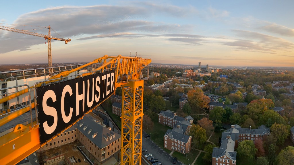 Crane seen from bird's eye view above city