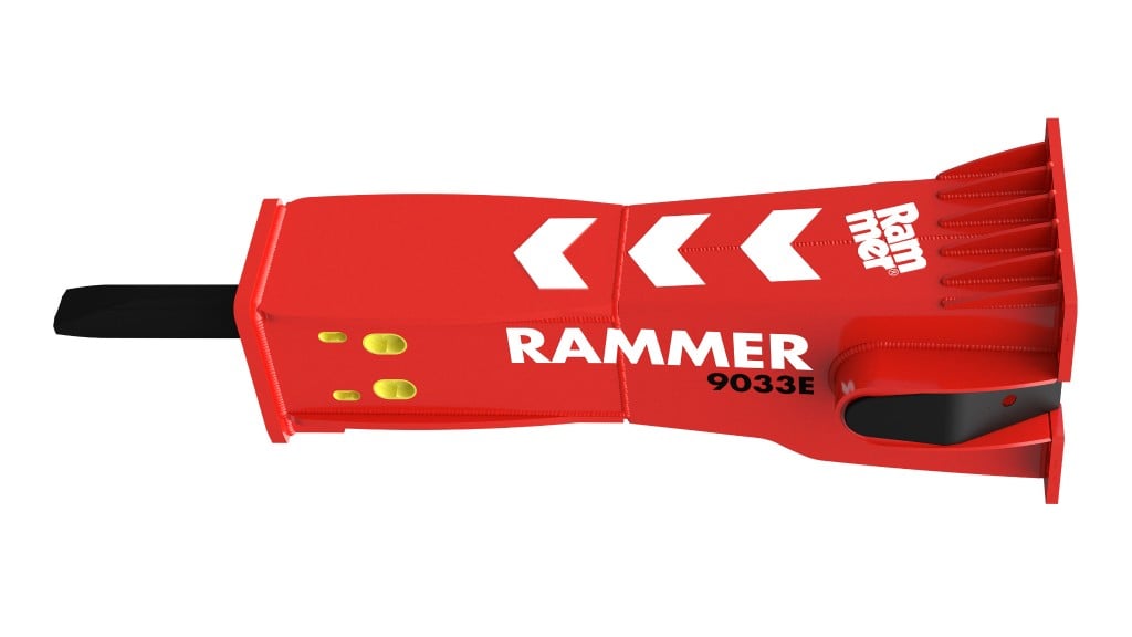 Red Rammer hydraulic hammer against white background