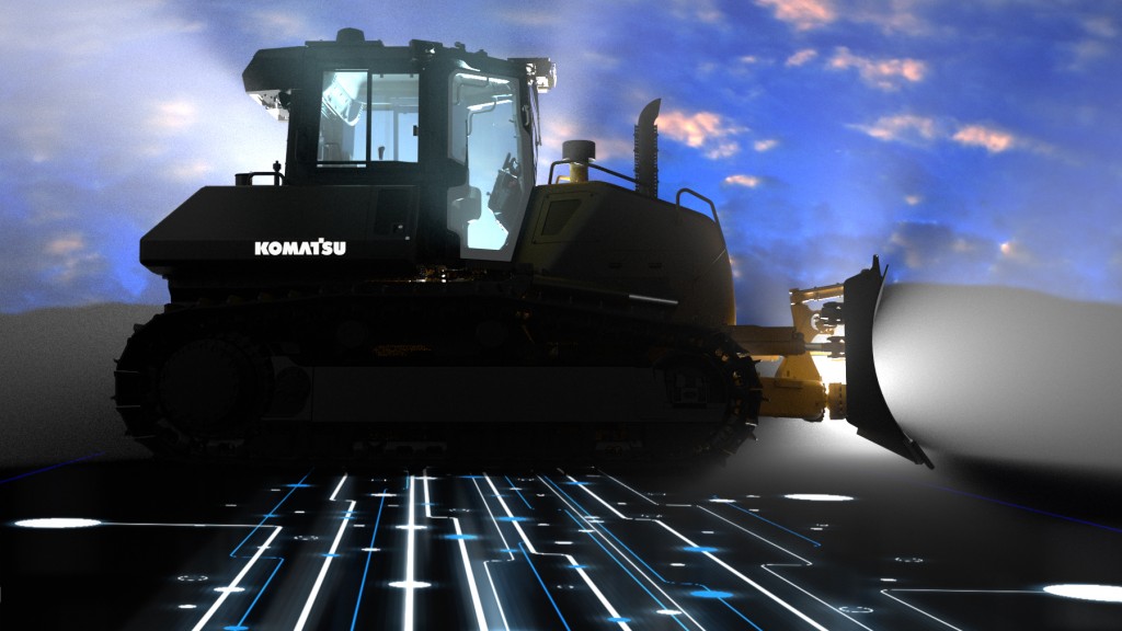 Komatsu crawler dozer at night in shadows