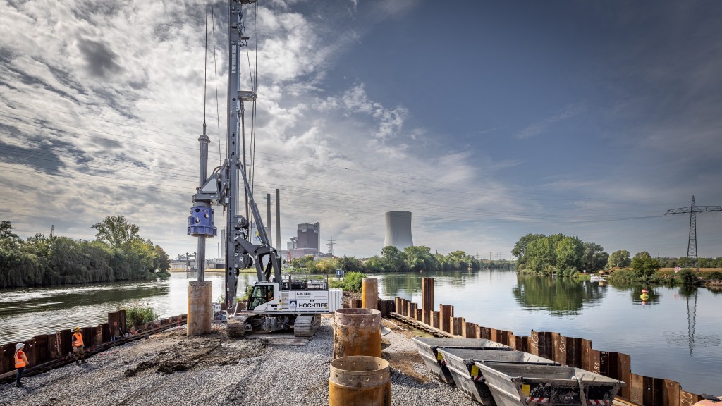 Liebherr  LB 45 drilling rig at work on a strip of road by river