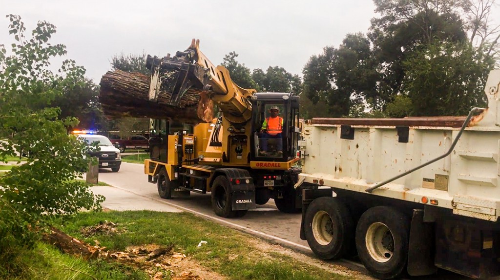 Gradall operator lifts trunk of tree after storm