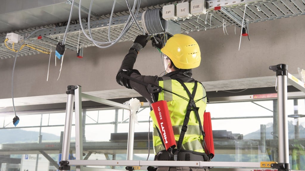 Hilti's EXO-01 exoskeleton can provide support and reduce strain on workers performing tasks at shoulder height or overhead.