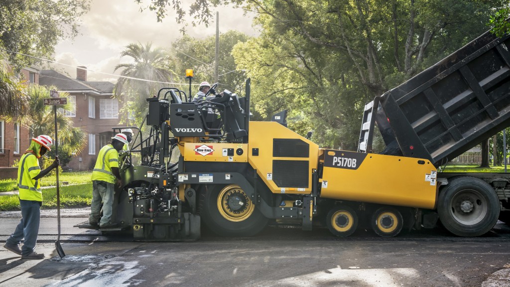 workers using Volvo Blaw-Knox Knox P5170B paver on a street