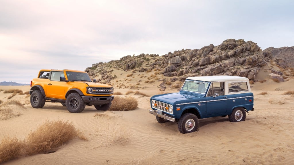 The 2021 Ford Bronco takes cues from the classic design and ruggedness of the first-generation sport-utility vehicle.