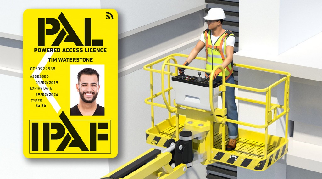 Powered Access Licence (PAL) Card alongside a man on a mobile elevating work platform