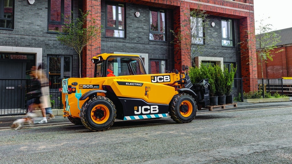 JCB electric loadall tele handler in front of a building