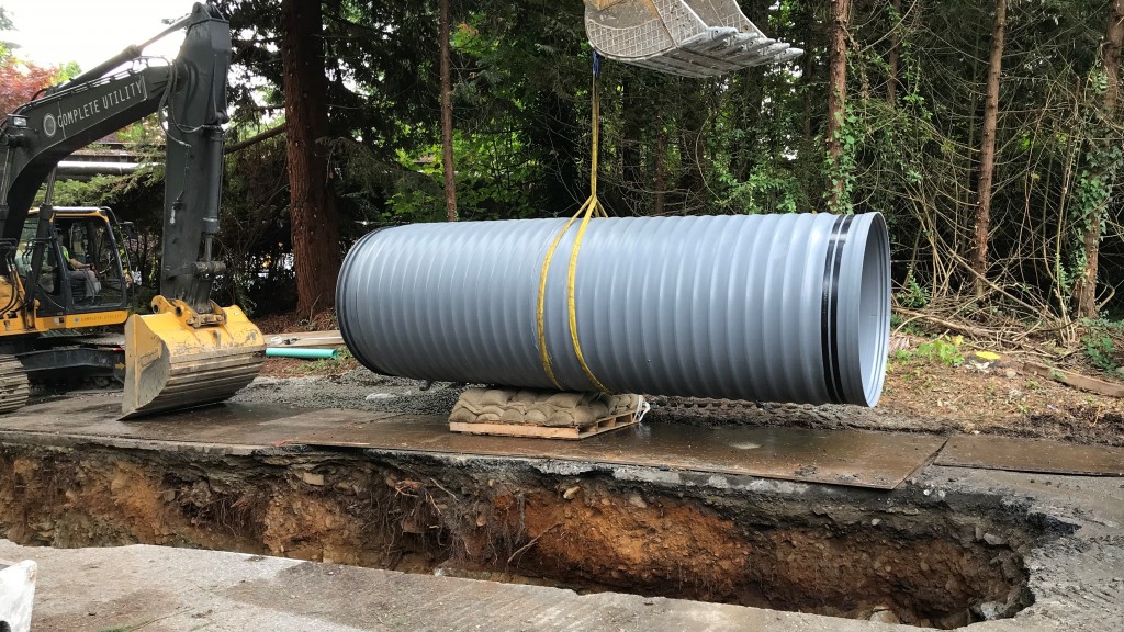 Polypropylene pipe being lowered into a trench