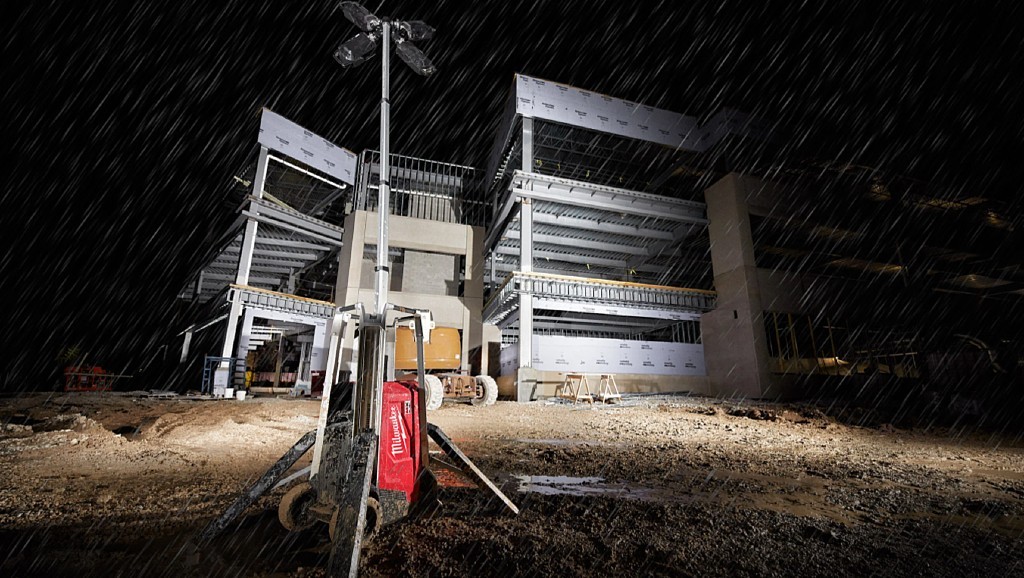 Milwaukee portable tower light is easy for workers to roll across rough terrain