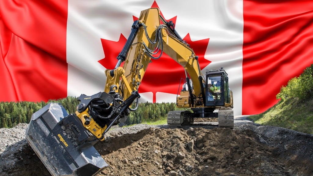 Engcon Canada with Canadian flag behind a machine