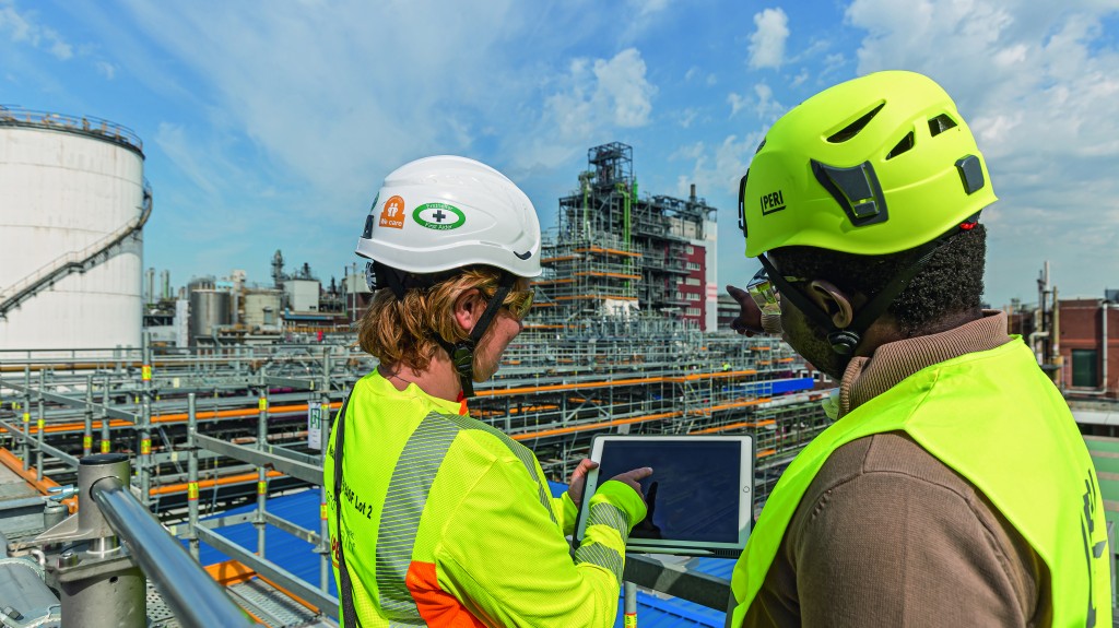 two workers at the peri construction of new vitamin a plant at basf