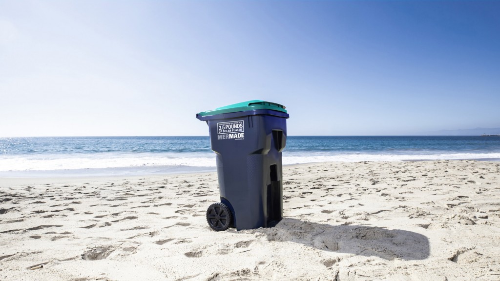 mermade recycling bin on a beach