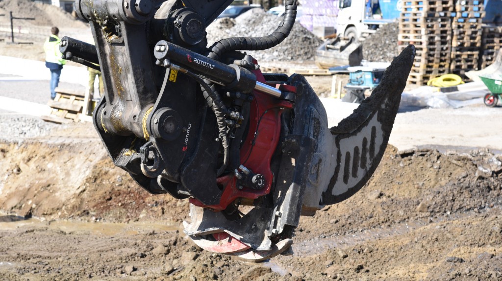 A Rototilt ripper attached to an excavator on the worksite