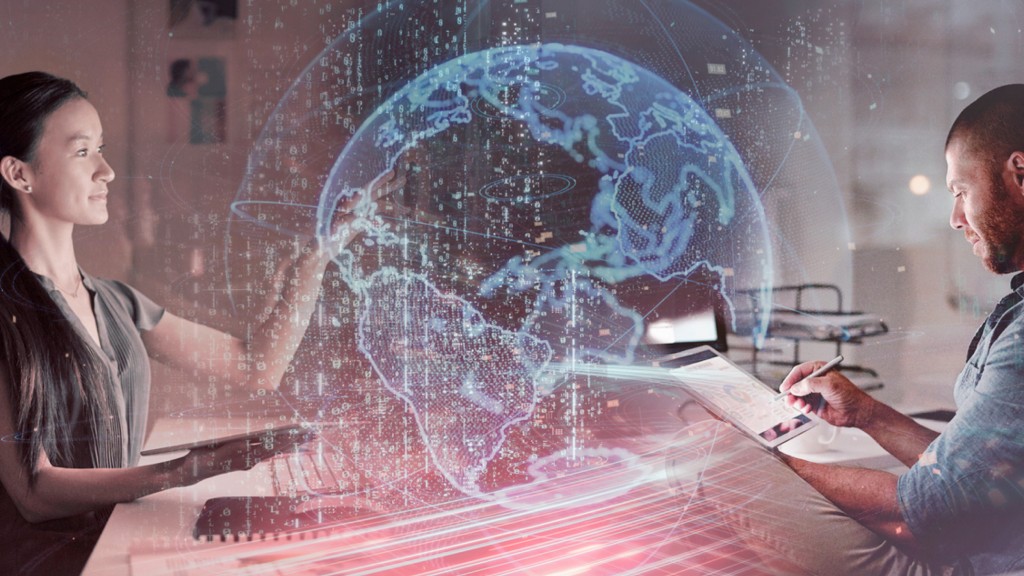 schlumberger data analytics globe hologram with man and woman schlumberger data analytics globe hologram with man and woman