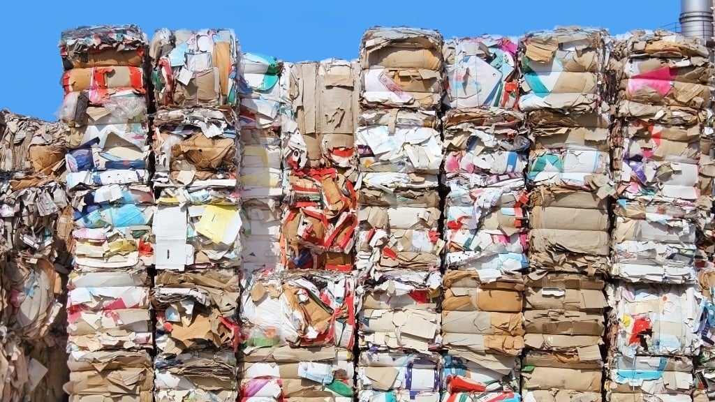 Bales of cardboard recycling stacked