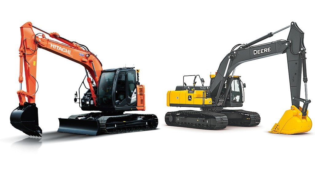 A John Deere and Hitachi excavator pasrked beside each other