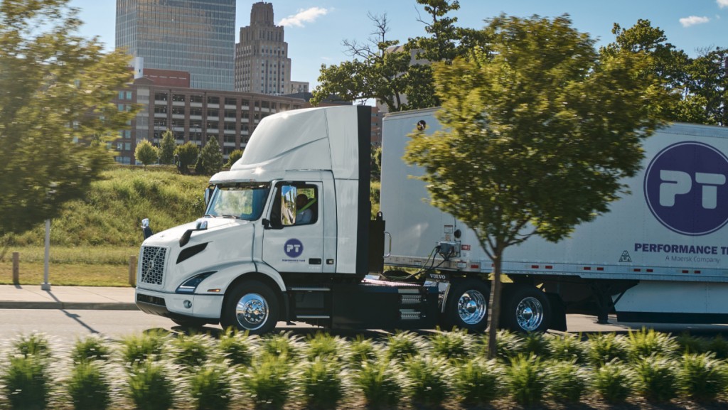 A Volvo electric truck on the road