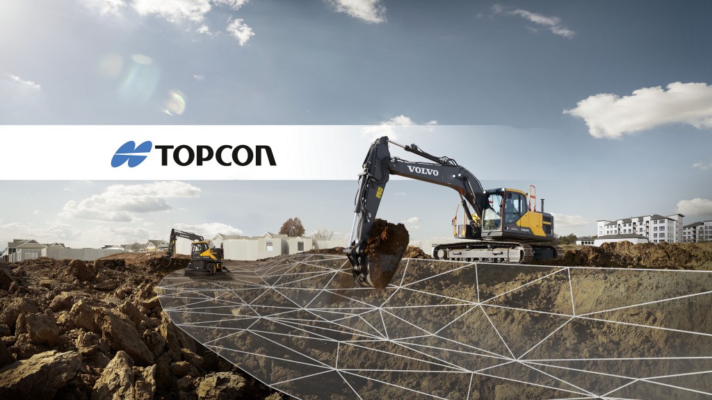 A Volvo excavator digs using Topcon software