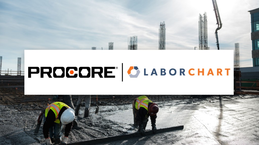 Procore and Laborchart logos overlaid on concrete workers working