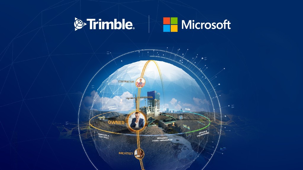 Microsoft and Trimble logos over construction site globe