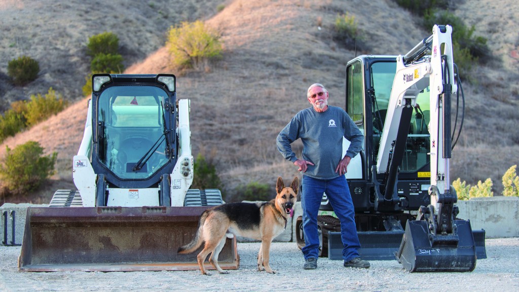 A search dog, facility manager, excavator and compact track loader