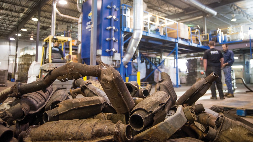 A pile of catalytic convertors in a recycling facility