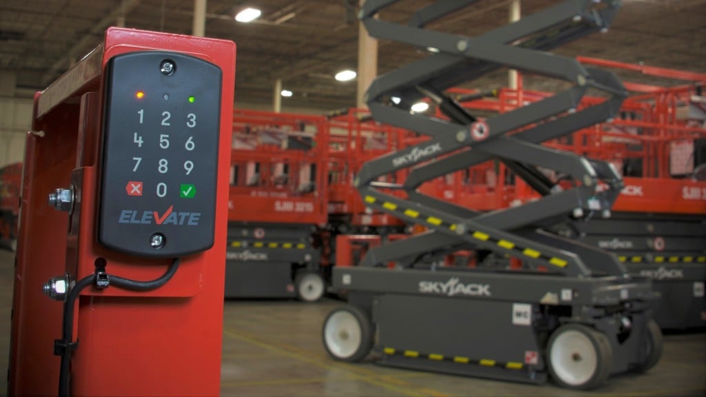A Skyjack telematics keypad installed in a warehouse of scissor lifts