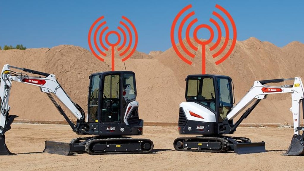 Two Bobcat mini excavators with wireless images above them