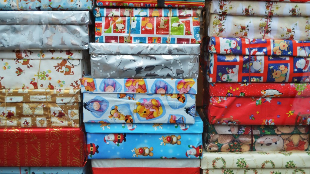 A stack of gift-wrapped boxes