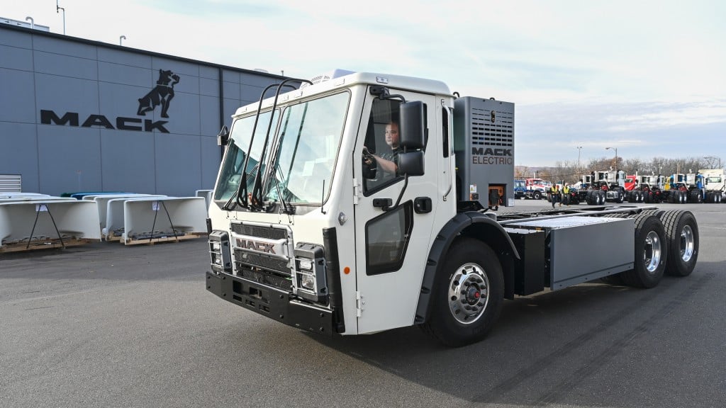 An LR Electric class 8 truck parked in a manufacturing plant