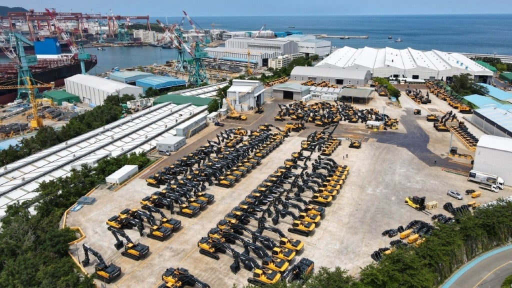 An aerial view of a Hyundai Construction Equipment production facility