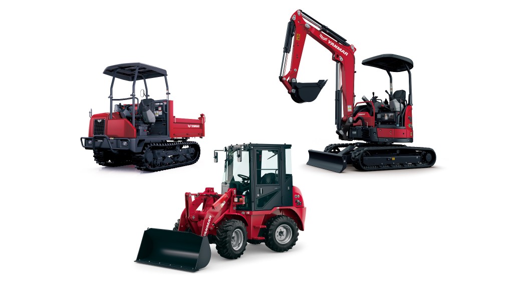 Three red Yanmar compact machines on a white background