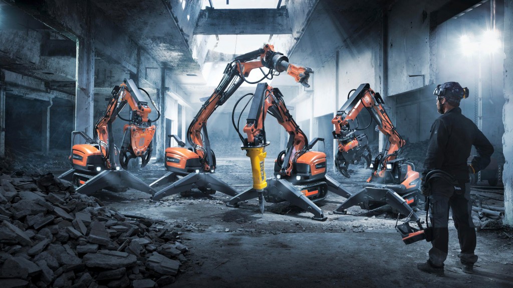 A lineup of demolition robots in an abandoned building