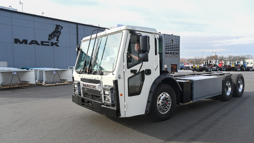 A truck leaving a Mack facility