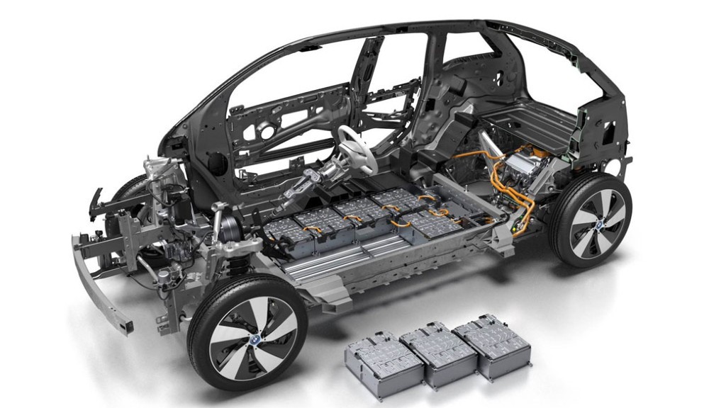 Batteries being inserted in an electric car