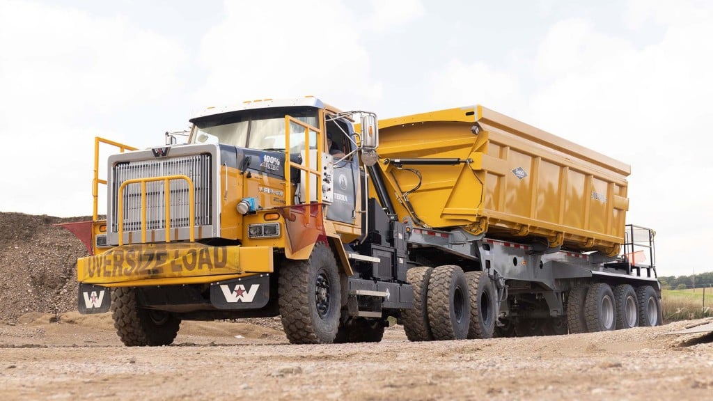 An on-highway truck parked on a mining job site