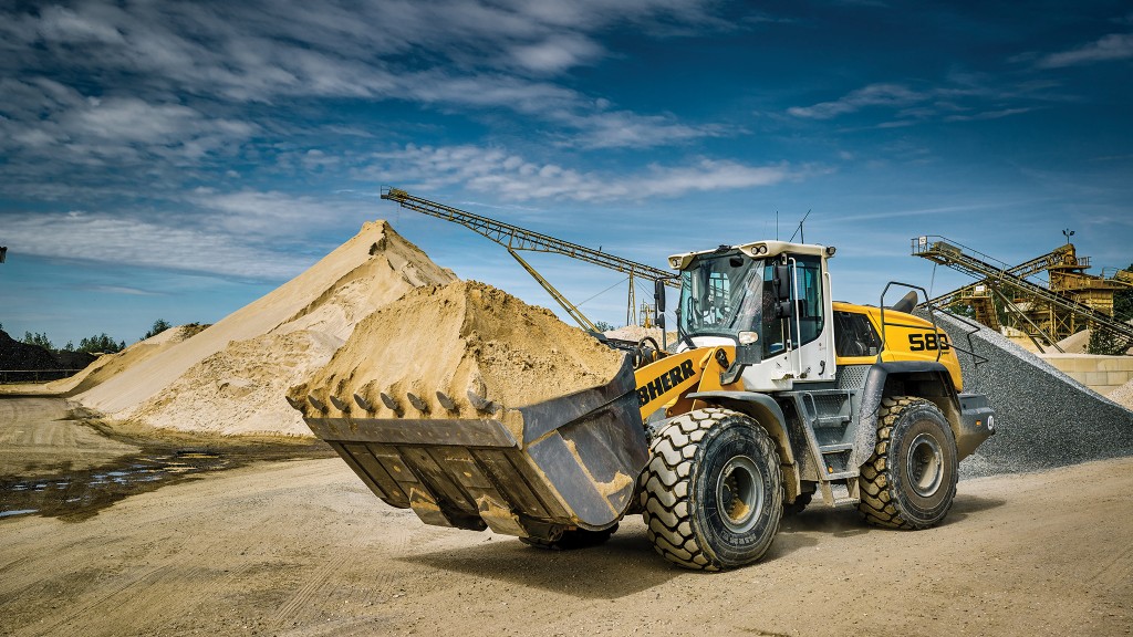 A Liebherr wheel loader carrying gravel