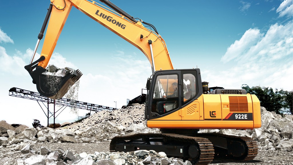 LiuGong excavator with bucket full of rock on quarry site