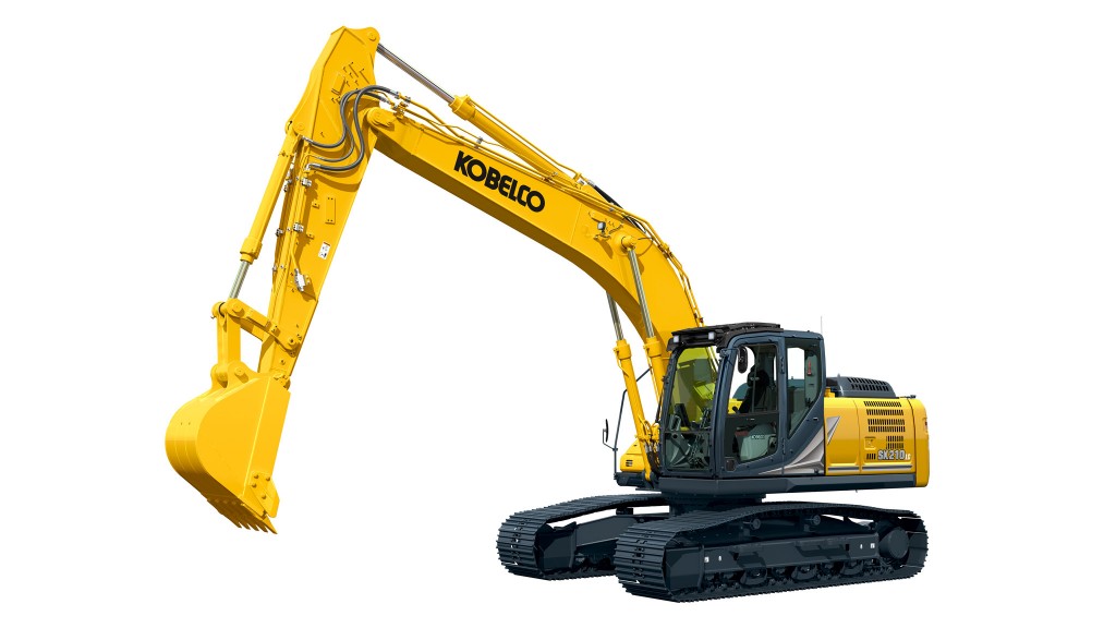 A yellow KOBELCO excavator