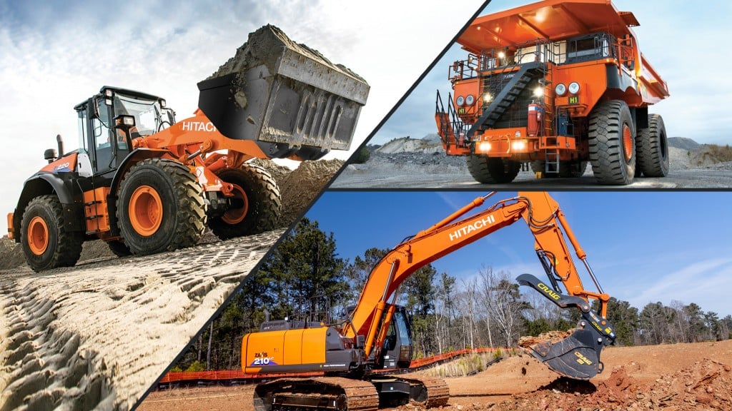 A collage featuring a Hitachi wheel loader, rigid frame truck and excavator