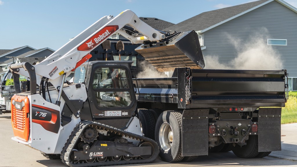 A compact track loader fills a truck with dirt